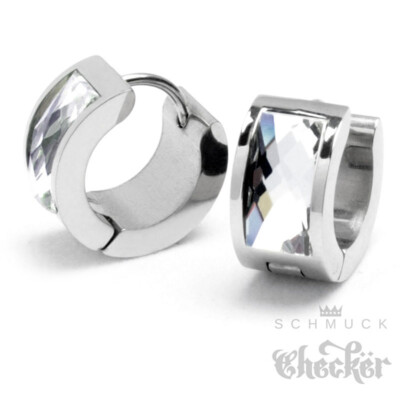 Hinged Hoop Large Cubic Zirconia Women Earrings 316L Stainless Steel Silver Polished Huggie