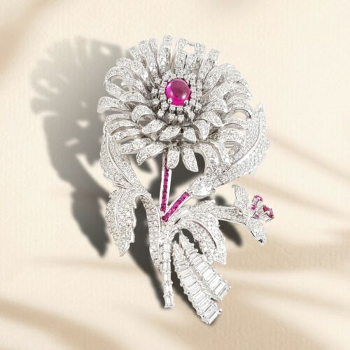 925 Sterling Silver Brooches  Cubic Zirconia Pink Cabochon Leaf Design - Afbeelding 1 van 3