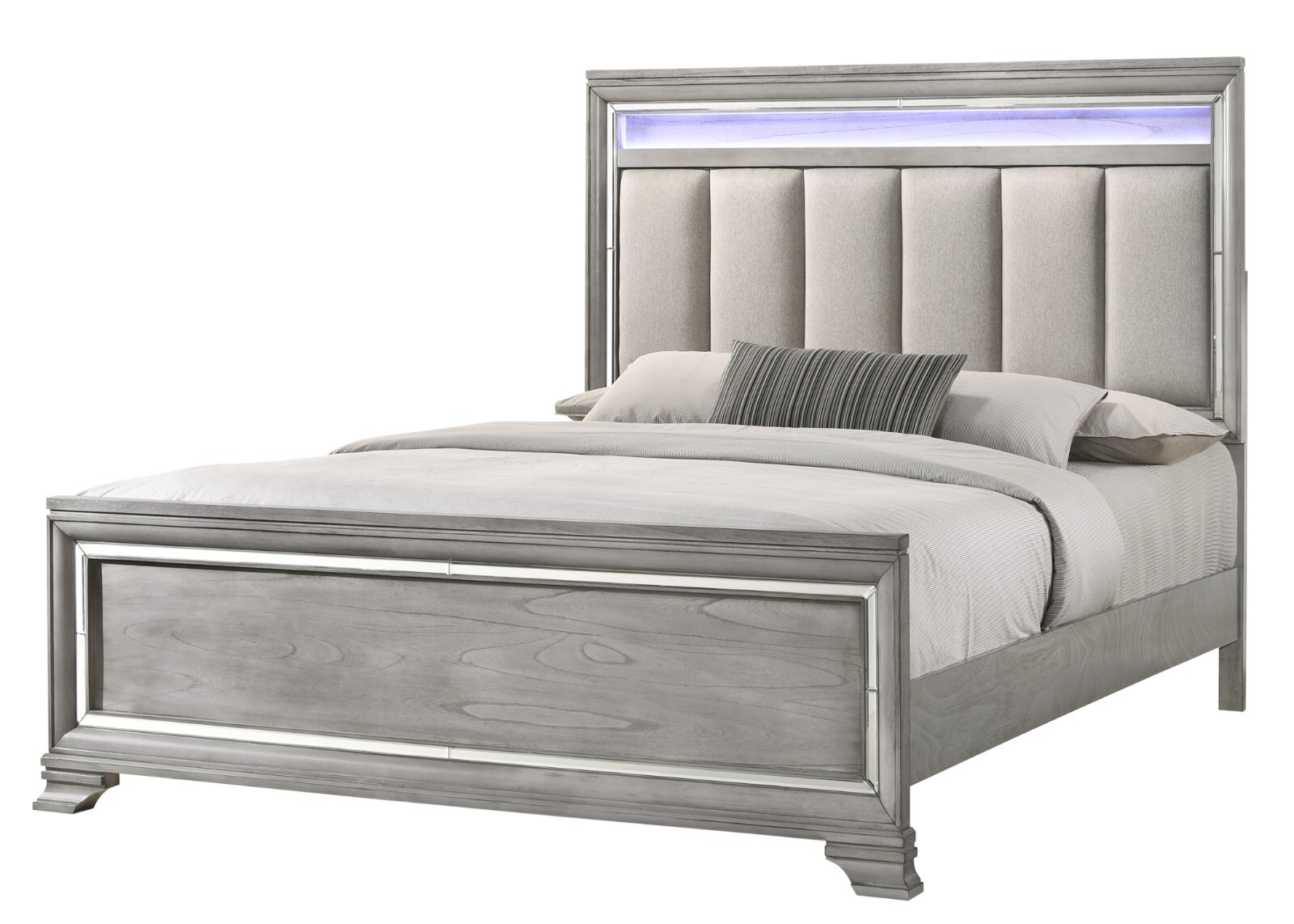 Modern Glam Style 6pc King Size Light Gray LED HB  Solid Wood Bedroom Furniture
