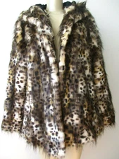 Adrienne Landau Leopard Faux Fur Coat Hooded Mid Length Size S NWT