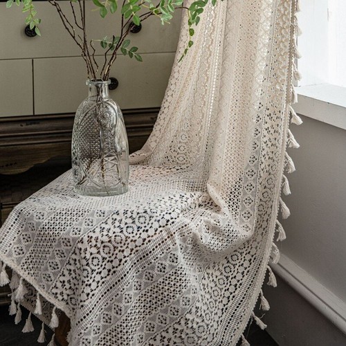 Boho Tassel Crochet Curtain Geometry Striped Knitted Lace Hollowed-out Home Deco - Picture 9 of 14