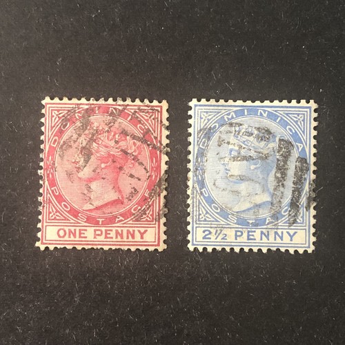 *DOMINICA, SCOTT # 19+21(2), 1p+21/2p. VALUES ROSE 1887 WMK CROWN CA QV USED