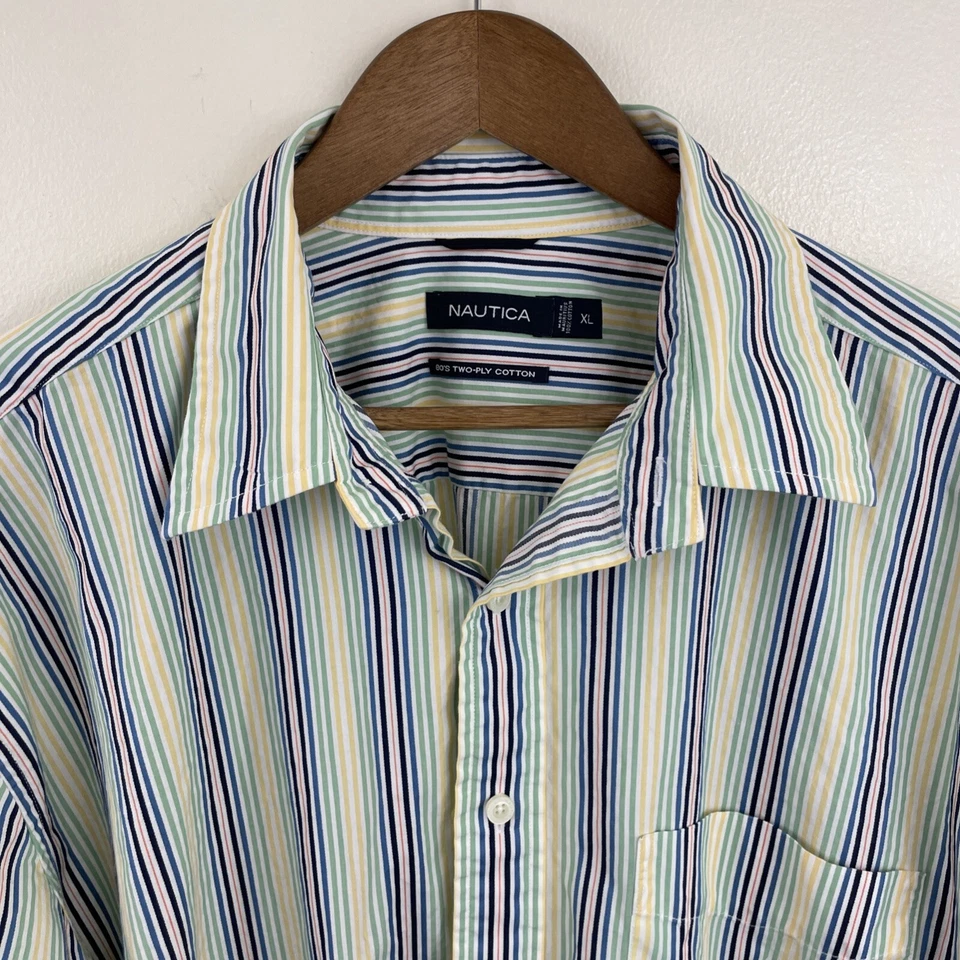 Nautica Shirt Mens XL Multicolor Rainbow Striped 80's 2-Ply Cotton Long Sleeve - Image 4 of 4