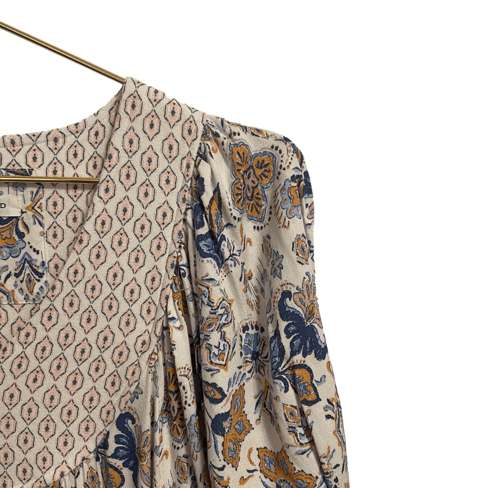 Lucky Brand Womens Blue Tan Paisley Boho Tiered Midi Dress Puff Sleeve Small