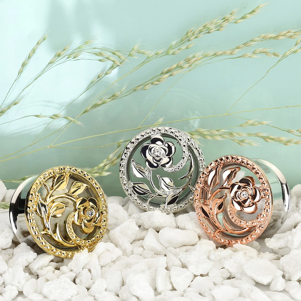 316L Acciaio Inox Tunnel Plug Cz Zirconia Fiore Rebe Argento Oro Rosa Donna - Immagine 2 di 2