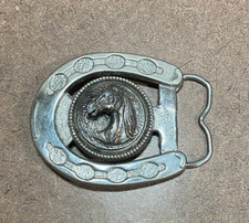 Vtg Horse Belt Buckle Horseshoe USA Western