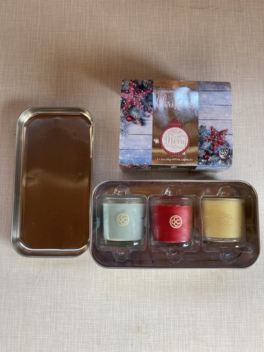 Weihnachten Silber Dose Geschenkset 3 Votivkerzen Kolonial im Glashalter Neu
