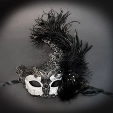 Womens Brocade Lace Ostrich Feather Venetian Masquerade Mask [Black/Silver]