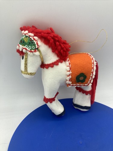 Vtg Foam Horse Christmas Ornament Felt Yarn MCM White Red 70s Sequin
