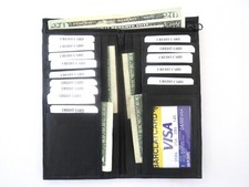 Long Bifold Wallet ID Credit Card Money Holder Organizer Black Genuine Leather.