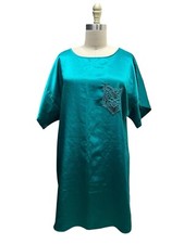 Vtg Teal Satin Nightshirt Chemise Sleep Shirt Nightgown M Pullover