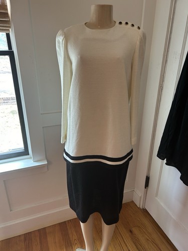 LF Leslie Fay Petites Vintage elfenbein & schwarz Strickkleid Rock Set Petite Gr. 14