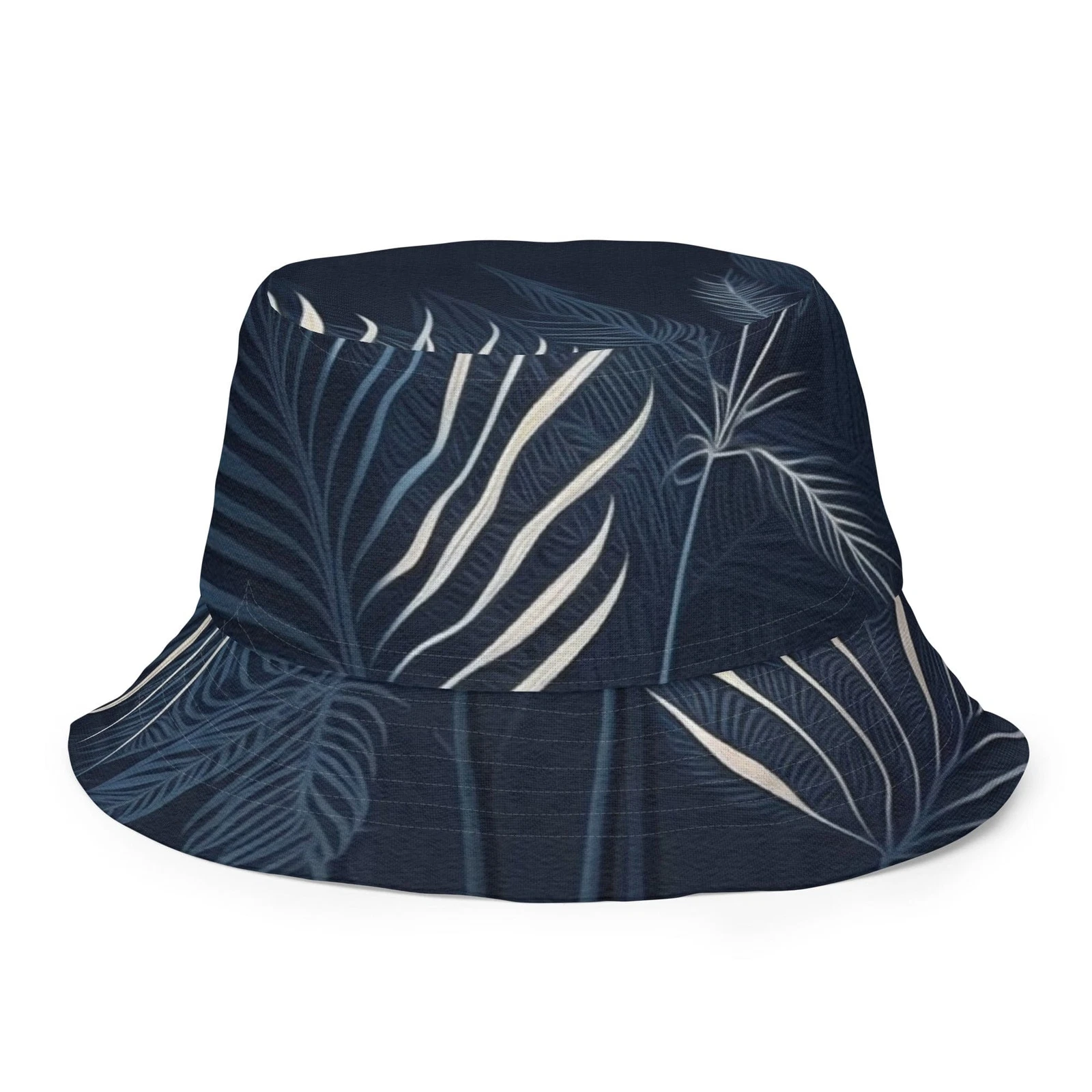 Reversible Bucket Hat Blue White Palm Leaves