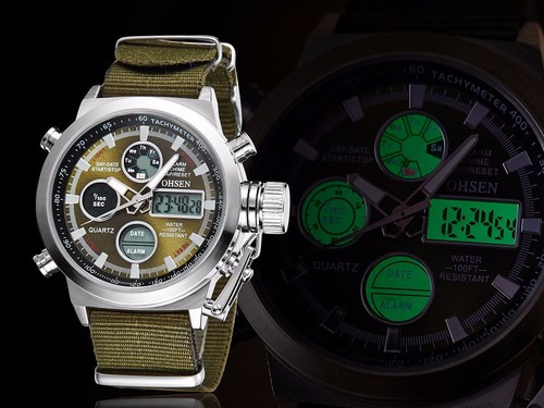 OHSEN Orologio Uomo LED Digitale Quarzo Dual Time Uomo Militare Nylon Orologi da Polso - Foto 2 di 27