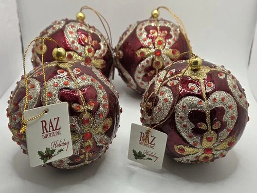 NEW Raz Set Of 4 Christmas Ornaments Red/Gold Jeweled Glass Round Holiday Decor
