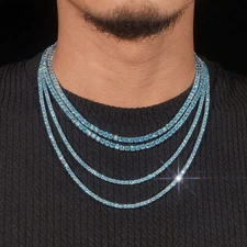 Blue VVS MOISSANITE Tennis Chain Necklace - 925 Sterling Silver - Men Women