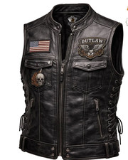 Men's Black Leather Biker Vest Outlaw Patch Motorcycle Western Cowboy Waistcoat