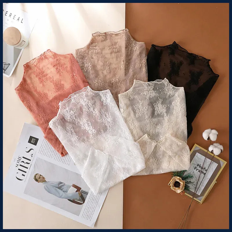 Sexy Thin Lace T-shirts Summer Lady O-Neck Long Sleeve Lace Patchwork