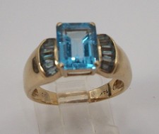 14K YELLOW GOLD BLUE TOPAZ RING JEWELRY EMERALD CUT BEAUTIFUL