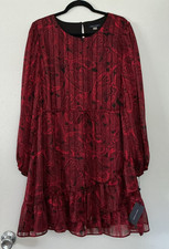 NWT Tommy Hilfiger 16 Red Black Sheer LS Chiffon Paisley Shift Tie Dress Party