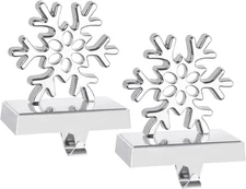 2-Pack Silver Metal 3D Snowflake Christmas Stocking Holders for Mantel Decor