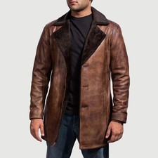 Abrigo de cuero marrón envejecido con cuello de piel cálido chaqueta de invierno para hombre