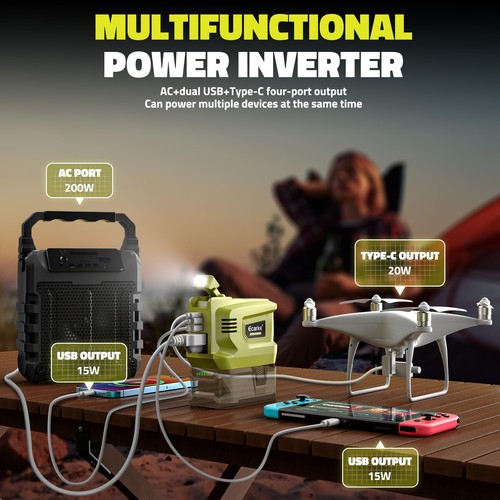 200W Portable Power Inverter for Ryobi 18V AC 110V-120V Converter - Picture 2 of 9