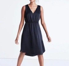 Madewell Satin V Neck Mini Dress 8 Black Classic Minimalist Work Date Night EUC 