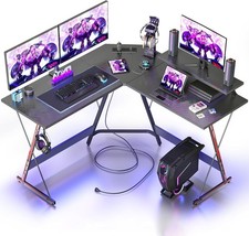 L Shaped Gaming Desk with LED & Power Strip - 128x128cm Ergonomic Computer desk