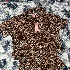 Juicy Couture Pajama Set Womens XS Brown Leopard Print 2-Piece Top Shorts