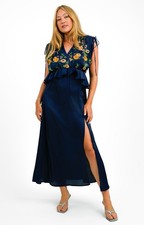 ASOS embroidered satin midi dress with frill waist in navy Size 8 NWOT
