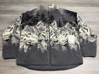 Kuwalla Printed Terry Fleece Jacket Wolves New M Plush Horse Zip Up Wolf Pack