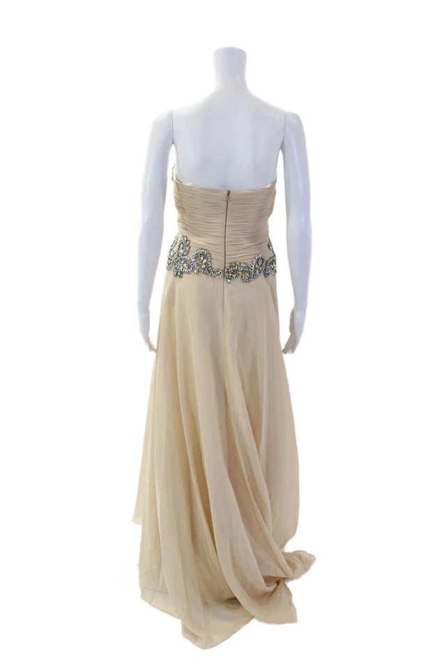 Dave & Johnny Womens Strapless Jeweled Pleated Full-Length Gown Beige Size 1/2 - Image 3 of 4