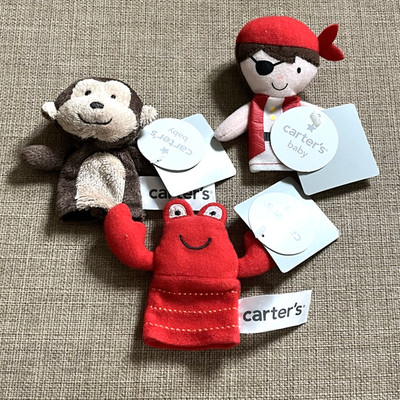 3 Carter's Baby Finger Puppets Lobster Pirate Monkey Animals Small Cute Playtime
