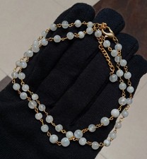 Rainbow Moonstone Rosary Necklace: Minimalist Gold Tone Chain, Handmade