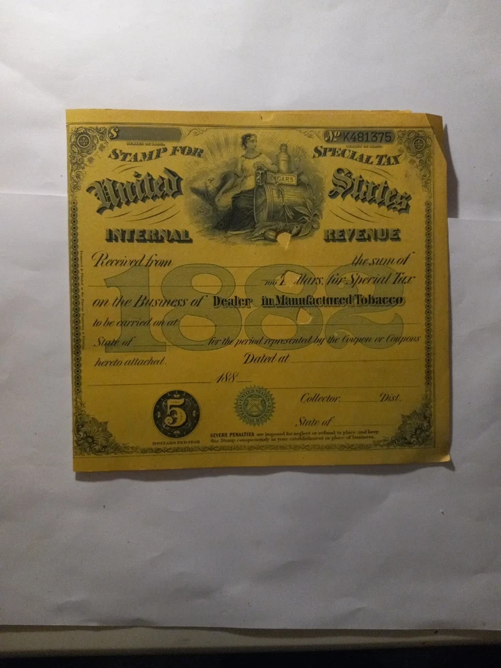 1882 $5Vintage United States Internal Revenue Manuf. Специальная налоговая марка на табак - Изображение 2 из 4