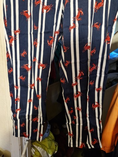 Collectif Navy White Striped Trousers with Red Crab Dresign Size 16 XL (A7) - Picture 3 of 4