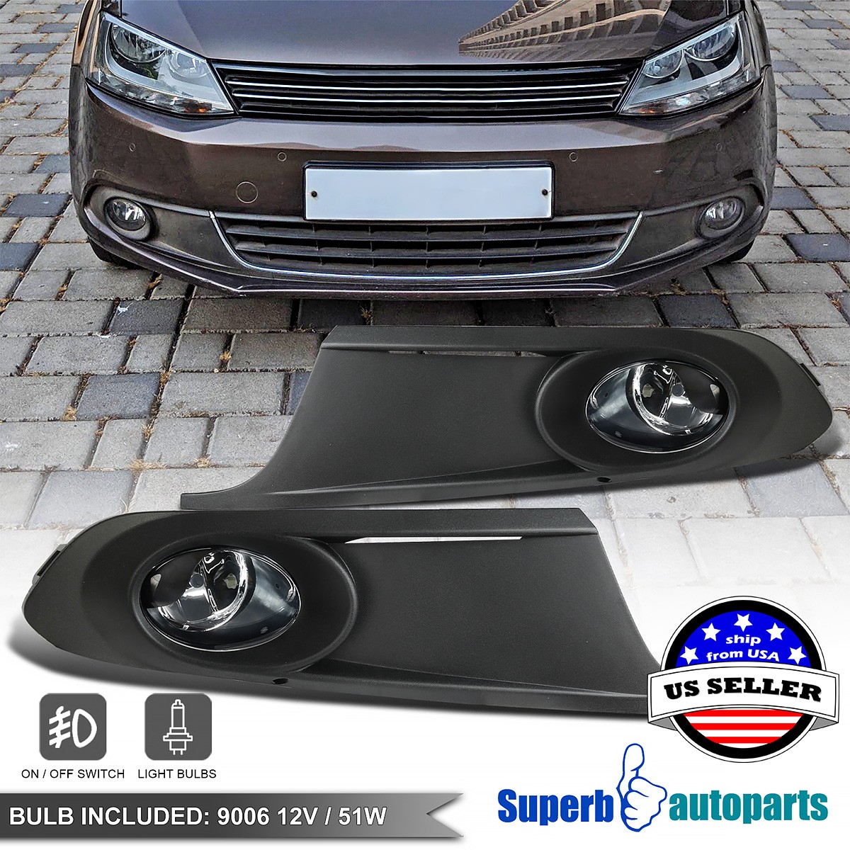 Fits 2011-2014 Volkswagen Jetta MK6 Bumper Lamps Fog Lights w/ Bulbs+Switch