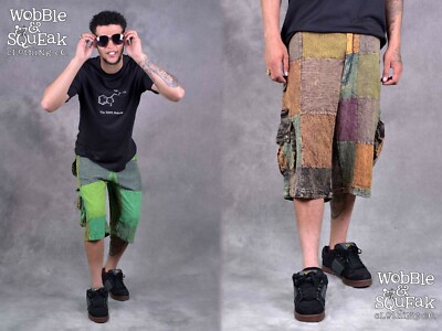 MENS PATCHWORK SHORTS Baggy Hippy Psytrance Festival Party Goa One Size Fits All