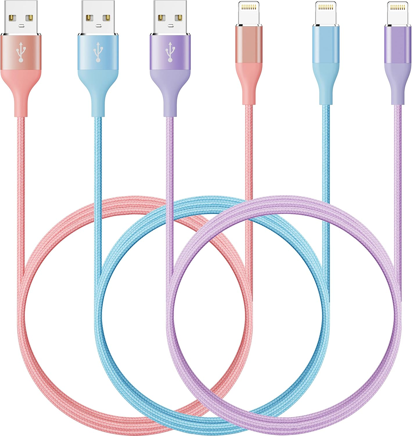 Iphone Charger 10Ft 3Pack Lightning Cable Apple Mfi Certified Durable Colorful-image