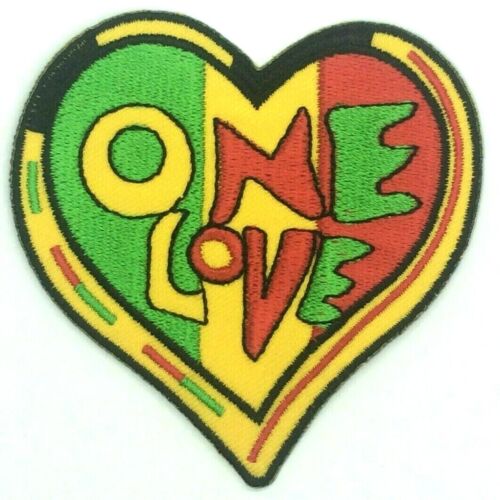 ONE LOVE HEART PARCHE, Bob Marley, colores Rasta *COSIDO / HIERRO-ON* bordado - Imagen 1 de 2