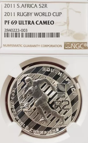  2011 SOUTH AFRICA SILVER  PROOF RUGBY WORLD CUP PF69 ngc 2 RAND R2