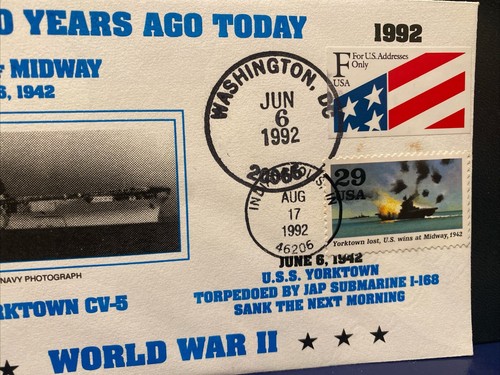 DUAL CANCELS 'BATTLE OF MIDWAY" YORKTOWN TORPEDOED 6/6 & YORKTOWN LOST FDC 8/17 - Picture 3 of 6