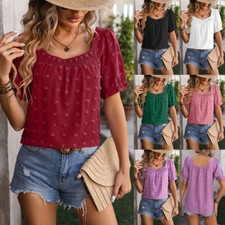Ladies Square Neck T Shirt Women Holiday Breathable Short Puff Sleeve Tops UK