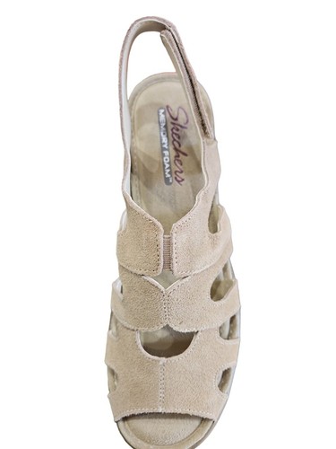 8.5 Skechers Tan Suede Leather Slingback Peep-Toe Wedge Sandal 2.5" - Picture 3 of 5