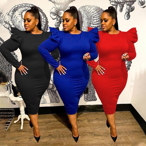 bodycon midi dress with puff sleeves
