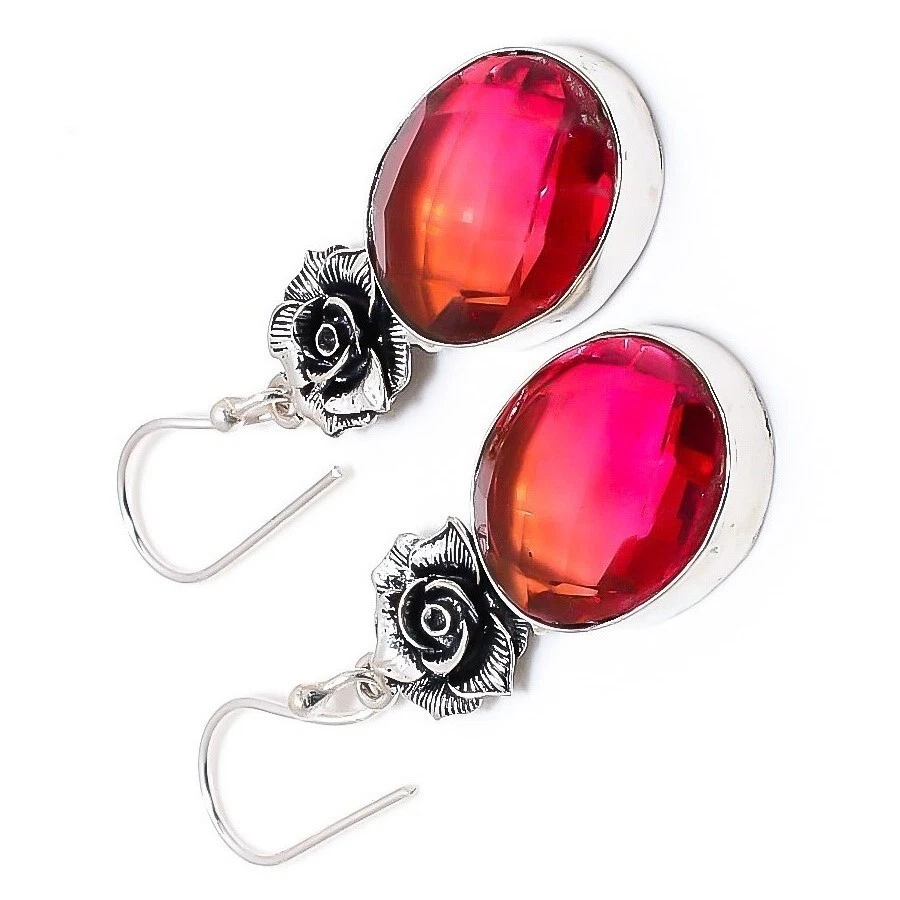 Bio Color Tourmaline Gemstone Handmade 925 Sterling Silver Jewelry Earrings 1.8" - Image 4 of 4