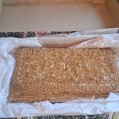 Handmade Women s Gold Beaded Sequin Floral Clutch Snap Closure Lined w/ Box
