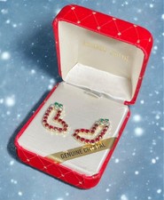 Christmas Stocking Earrings Genuine Crystal Dangle Pierced Gold tone Gift Box