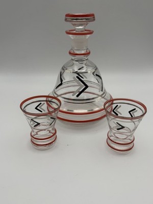 Vintage Art Deco Enameled Glass Decanter Set 2 Cordial Glasses Chevron